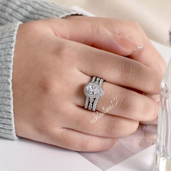 3 Ct Halo Pear Shape Wedding Engagement Band Enhancer Ring Set Sterling Silver - Picture 6 of 9